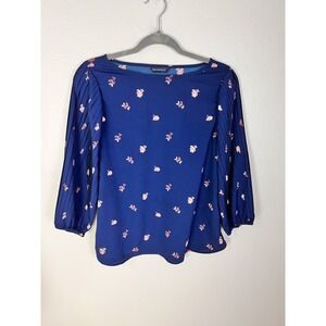 Mast & Harbour Large Navy Blue with Pink Flower‎ Blouse 3/4 Pleated Sleeves